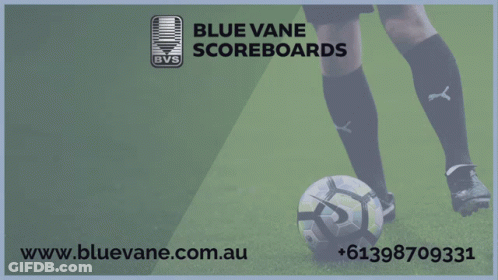 An Advertisement For Blue Vane Scoreboards Shows A Soccer Player Kicking The Ball GIF