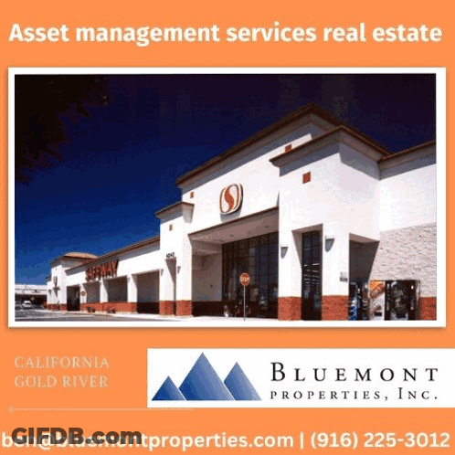 An Advertisement For Bluemont Properties Inc. Shows A Grocery Store GIF