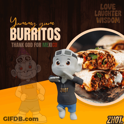 An Advertisement For Burritos With A Monkey And A Picture Of Burritos GIF