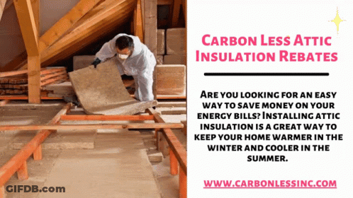 An Advertisement For Carbon Less Attic Insulation Shows A Man Installing Insulation GIF