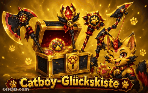 An Advertisement For Catboy-Glückskiste Shows A Cat Holding A Sword GIF
