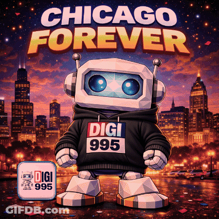 An Advertisement For Chicago Forever With A Robot Wearing A Digi 995 Sweatshirt GIF
