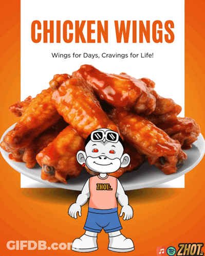 An Advertisement For Chicken Wings Shows A Cartoon Character GIF