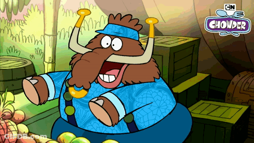 An Advertisement For Chowder Shows A Cartoon Of A Mammoth GIF