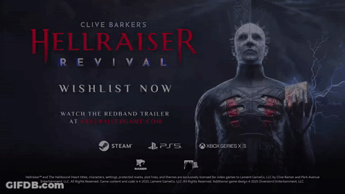 An Advertisement For Clive Barkers ' Hellraiser Revival Shows A Man With Spikes On His Head GIF