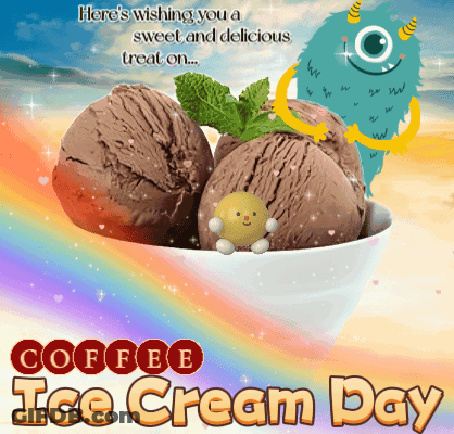 An Advertisement For Coffee Ice Cream Day With A Monster And Ice Cream GIF