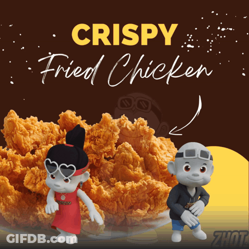 An Advertisement For Crispy Fried Chicken With Two Cartoon Characters In Front Of It GIF