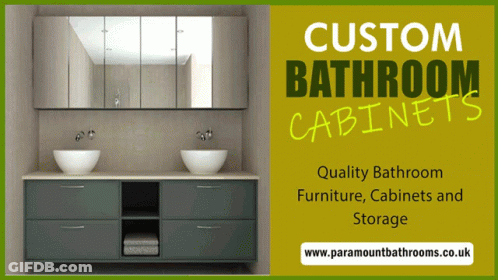 An Advertisement For Custom Bathroom Cabinets With A Picture Of A Bathroom GIF