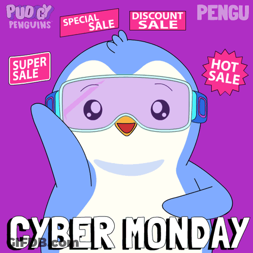 An Advertisement For Cyber Monday With A Penguin On It GIF