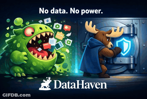 An Advertisement For Datahaven With A Moose And A Monster GIF