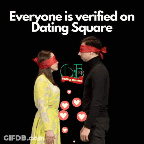 An Advertisement For Dating Square Shows A Man And Woman With Blindfolds On GIF