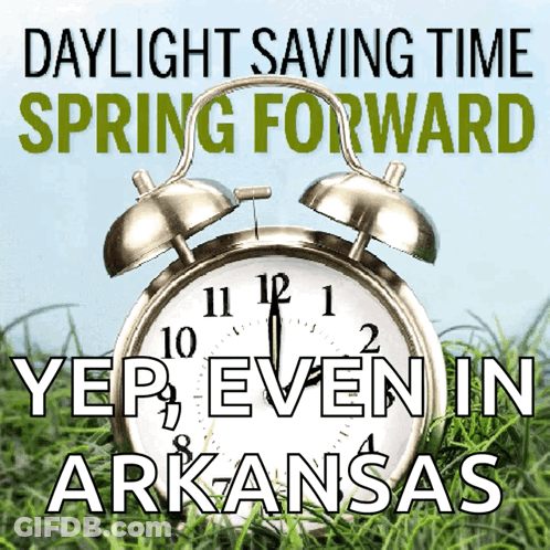 An Advertisement For Daylight Saving Time In Arkansas With A Clock In The Grass GIF