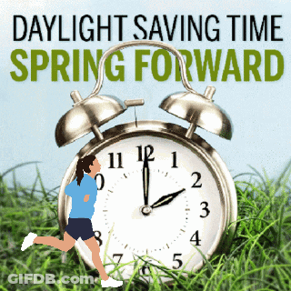 An Advertisement For Daylight Saving Time Spring Forward With A Woman Running In Front Of An Alarm Clock GIF