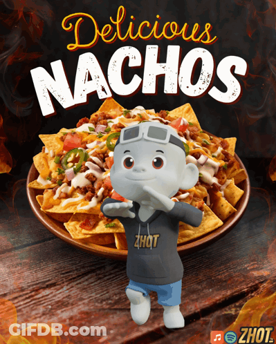 An Advertisement For Delicious Nachos With A Cartoon Character GIF