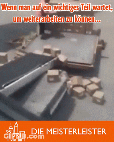 An Advertisement For Die Meisterleister Shows A Conveyor Belt Carrying Boxes GIF