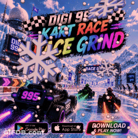 An Advertisement For Digi 99 Kart Race Ice Grind With A Snowy Background GIF
