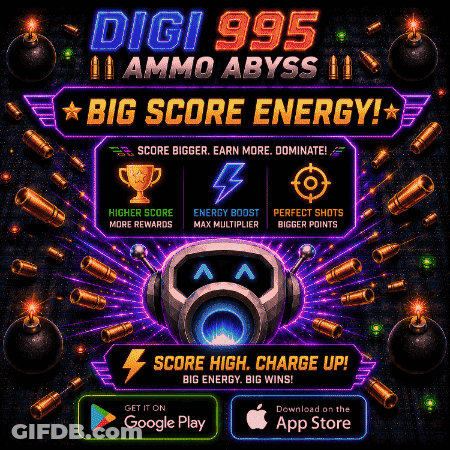 An Advertisement For Digi 995 Ammo Abyss Shows A Robot Surrounded By Bullets GIF