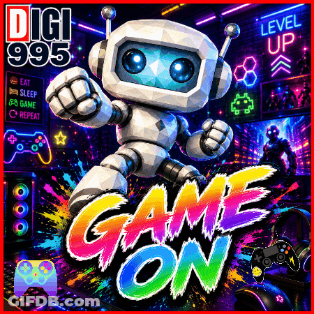 An Advertisement For Digi 995 Game On With A Robot GIF