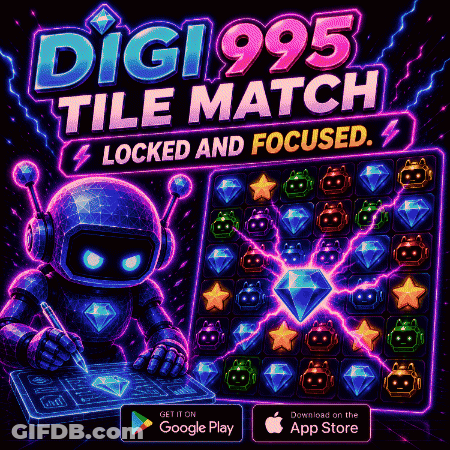 An Advertisement For Digi 995 Tile Match Shows A Robot Drawing On A Tablet GIF