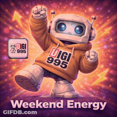 An Advertisement For Digi 995 Weekend Energy With A Robot Wearing A Hoodie GIF