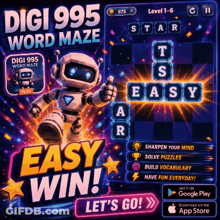 An Advertisement For Digi 995 Word Maze With A Robot On It GIF
