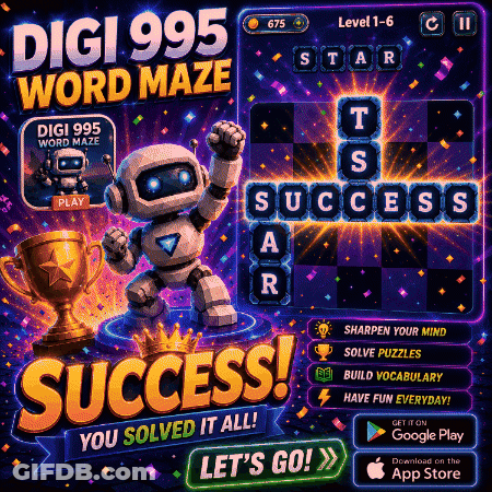 An Advertisement For Digi 995 Word Maze With A Robot On It GIF