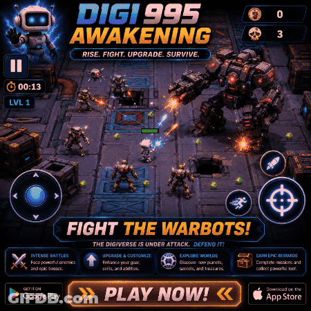 An Advertisement For Digi995 Awakening Shows A Robot Fighting A Robot GIF