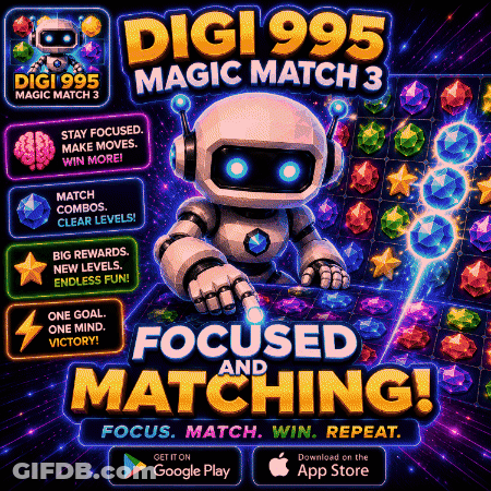 An Advertisement For Digi995 Magic Match 3 Shows A Robot GIF