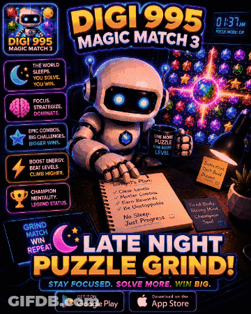 An Advertisement For Digi995 Magic Match 3 Shows A Robot GIF