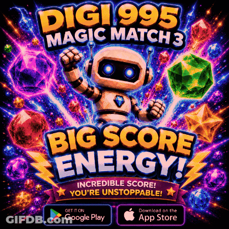 An Advertisement For Digi995 Magic Match 3 Shows A Robot Surrounded By Gems GIF