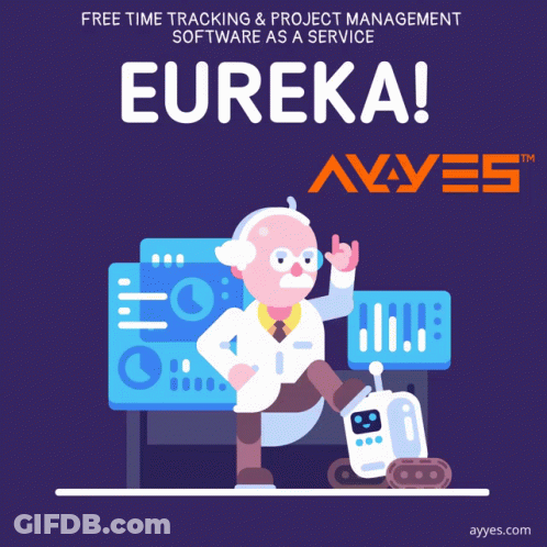 An Advertisement For Eureka By Ayyes Shows A Cartoon Of A Man Standing Next To A Robot GIF