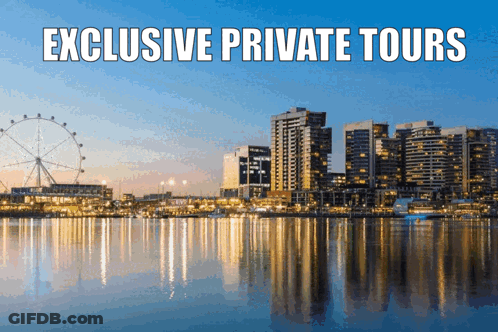 An Advertisement For Exclusive Private Tours With A City Skyline GIF