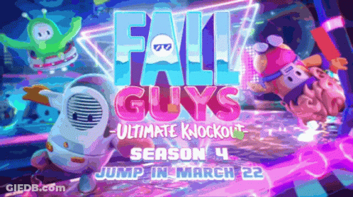 An Advertisement For Fall Guys Ultimate Knockout Season 4 Jump In March 22 GIF