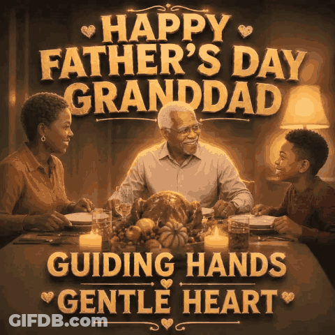 An Advertisement For Father 'S Day Granddad With A Picture Of A Family Sitting At A Table GIF