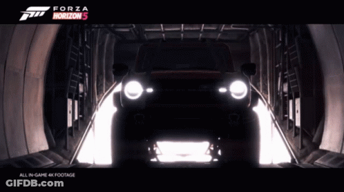 An Advertisement For Forza Horizon 5 Shows A Car In A Dark Tunnel GIF