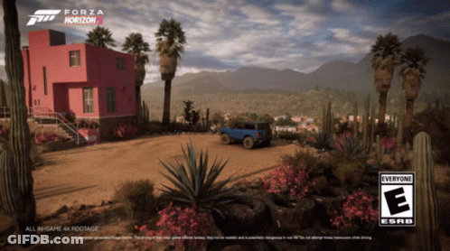 An Advertisement For Forza Horizon 5 Shows A House And A Car GIF