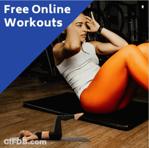 An Advertisement For Free Online Workouts Shows A Woman Doing Sit Ups On A Mat GIF