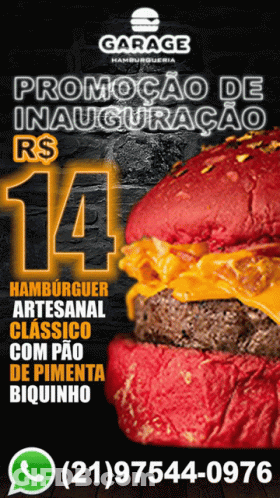 An Advertisement For Garage Hamburgerria Shows A Hamburger With Red Bread GIF