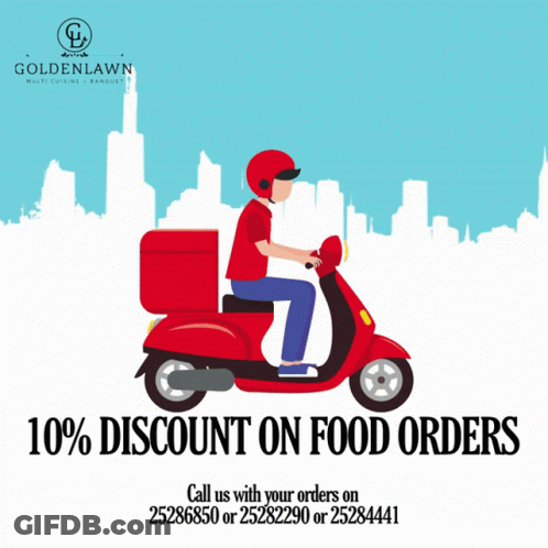 An Advertisement For Goldenlawn Shows A Delivery Man Riding A Scooter GIF