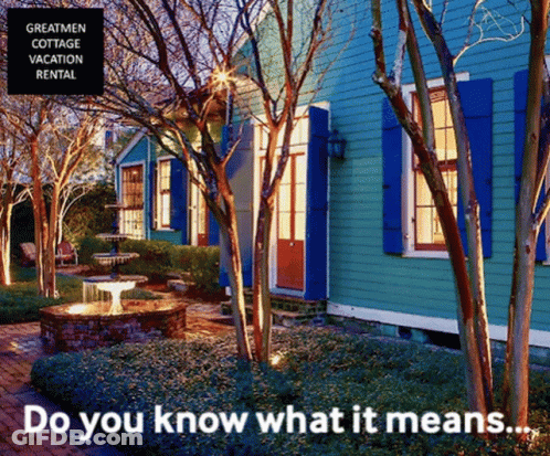 An Advertisement For Greatmen Cottage Vacation Rental Shows A Blue House With Blue Shutters GIF