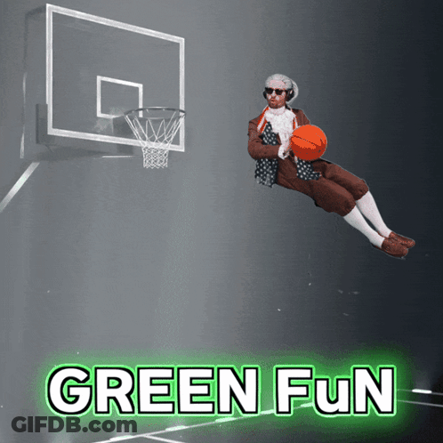 An Advertisement For Green Fun Shows A Man Holding A Basketball In The Air GIF
