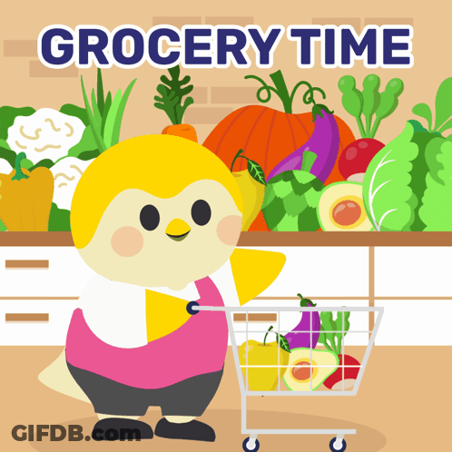 An Advertisement For Grocery Time With A Bird Pushing A Cart GIF