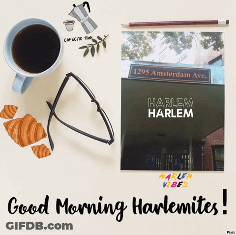 An Advertisement For Harlem Harlem With A Cup Of Coffee GIF