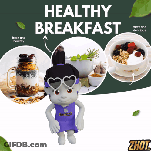 An Advertisement For Healthy Breakfast Shows A Doll Wearing Sunglasses GIF