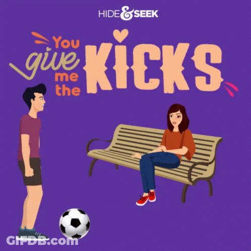 An Advertisement For Hide & Seek Shows A Man Kicking A Soccer Ball At A Woman Sitting On A Park Bench GIF