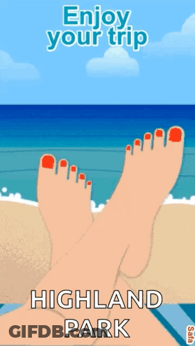 An Advertisement For Highland Park Shows A Woman Laying On The Beach With Her Feet Up GIF