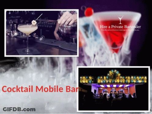 An Advertisement For Hire A Private Bartender Shows A Bartender Preparing A Cocktail GIF