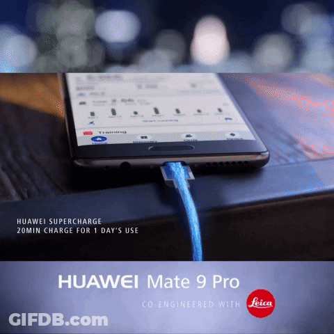 An Advertisement For Huawei Mate 9 Pro Shows A Phone Being Charged GIF