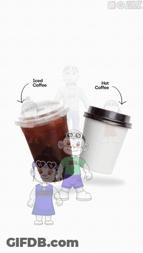An Advertisement For Iced Or Hot Coffee Shows A Cup Of Iced Coffee And Two Cups Of Hot Coffee GIF