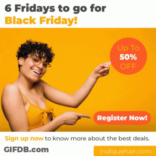 An Advertisement For Indiquehair.com Shows A Woman Pointing To A Sign That Says Up To 50 % Off GIF